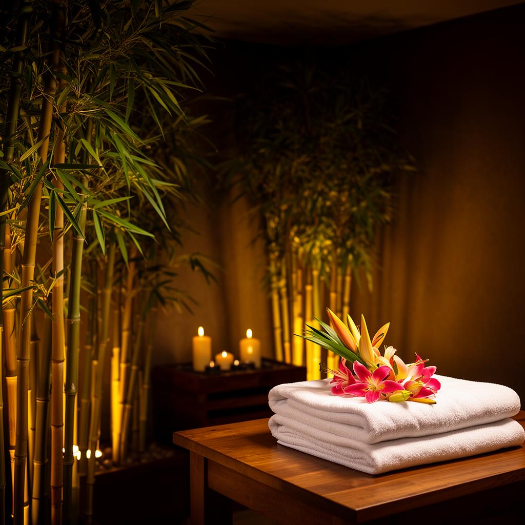 Serene spa environment with bamboo and flowers